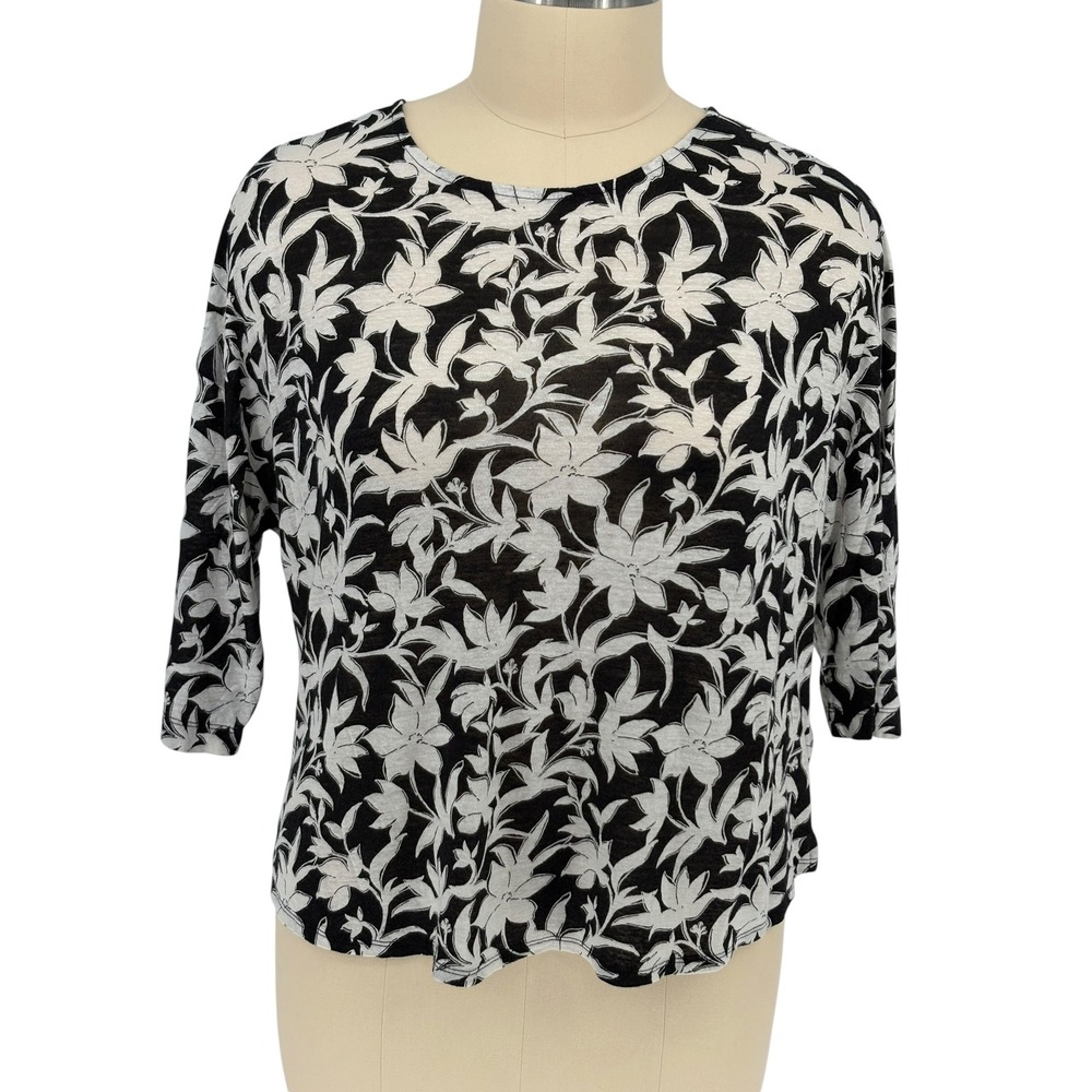 Nicole Miller Top Black White Floral 100% Linen 2X